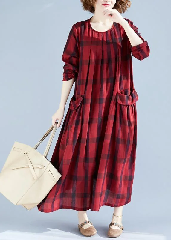 Vivid Red Plaid Tunics For Women O Neck Pockets Art Spring Dress
