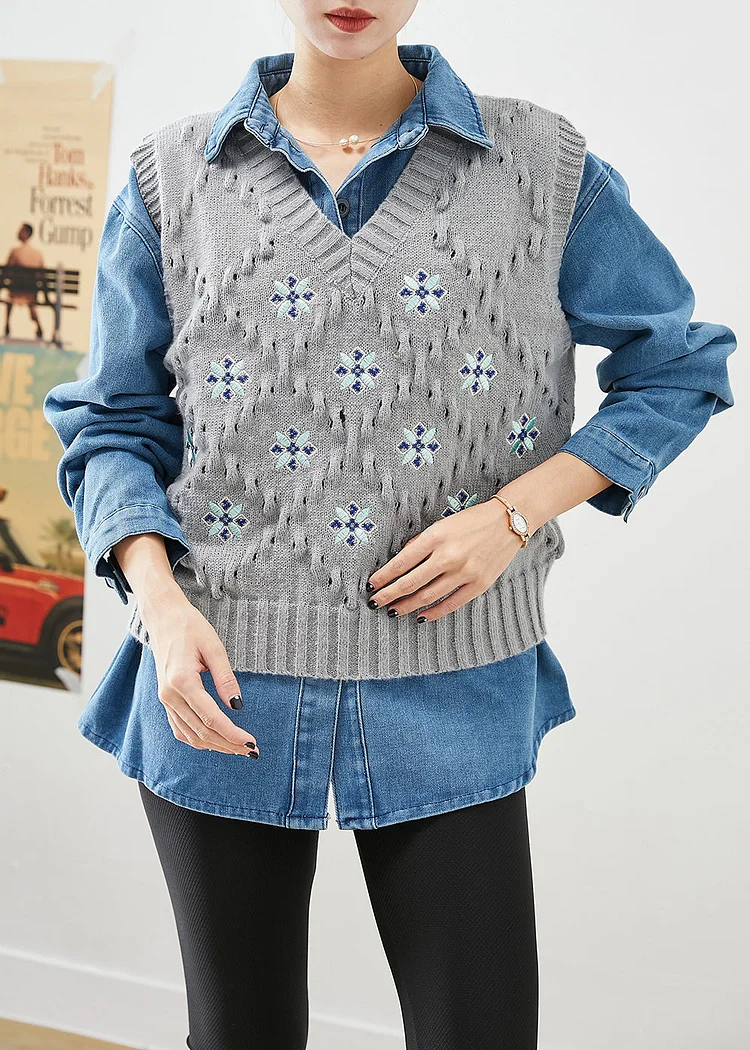Fashion Oversized Thick Knit Vest And Denim Shirt Two Piece Set Outfits Fall