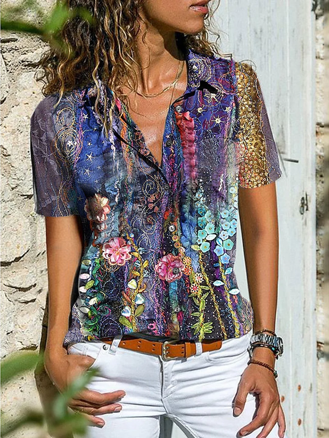 Shawl Collar Short Sleeve Floral-Print Shirts & Tops