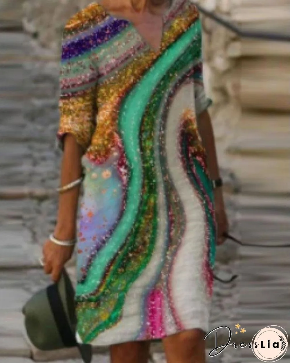 Casual Printed Tunic V-Neckline Half Sleeve Shift Dress