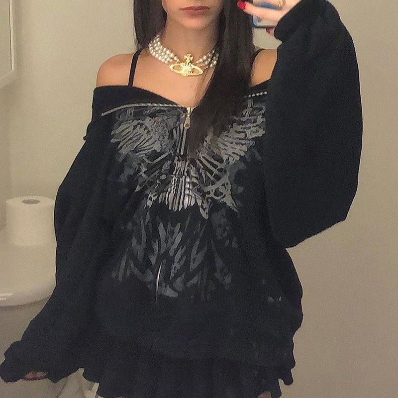Christmas Gift Y2K Gothic Butterfly Print Oversize Zip Up Hoodies 2021 Winter New Grunge Long Sleeve Sweatshirt Casual Hooded Jacket Streetwear