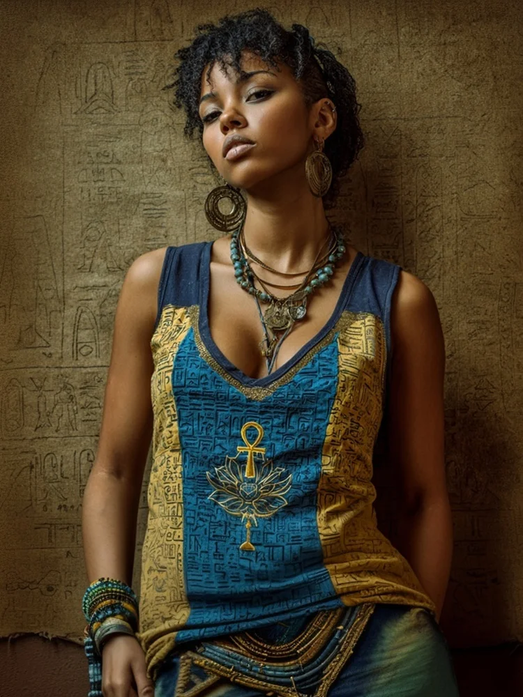 Ancient Egyptian Lotus & Ankh V Neck Linen Tank Top