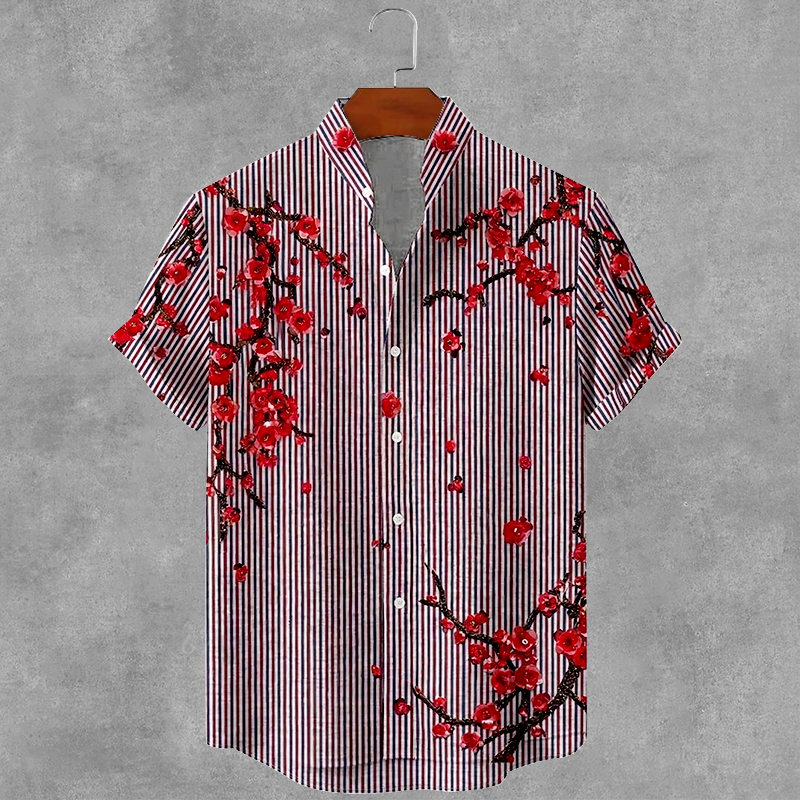Men's Cherry Blossom Striped Art Print Short Sleeve Shirt elevenforest