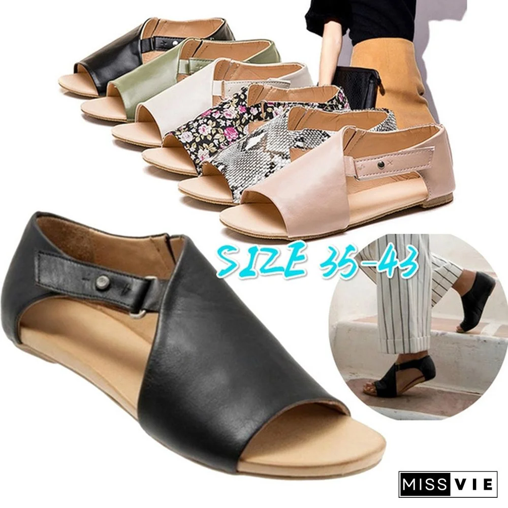 Plus Size Fashion Women's Leather Flat Sandals Buckle Strap Slippers Fish Mouth Shoes