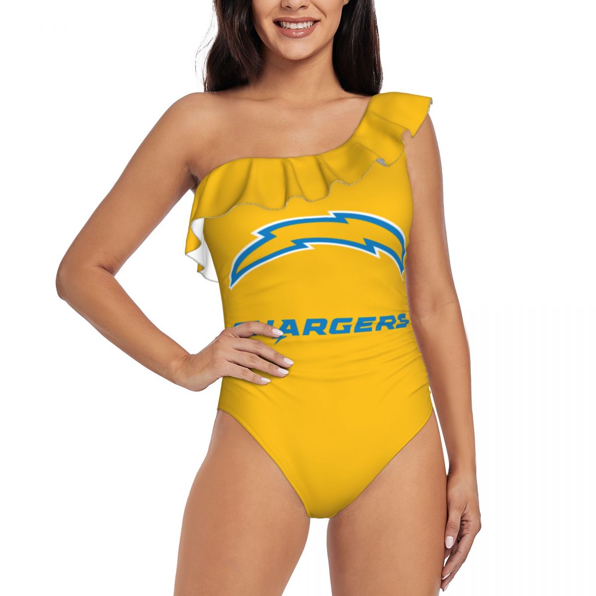 Los Angeles Chargers Wordmark One Shoulder Asymmetric Ruffle Swimsuits