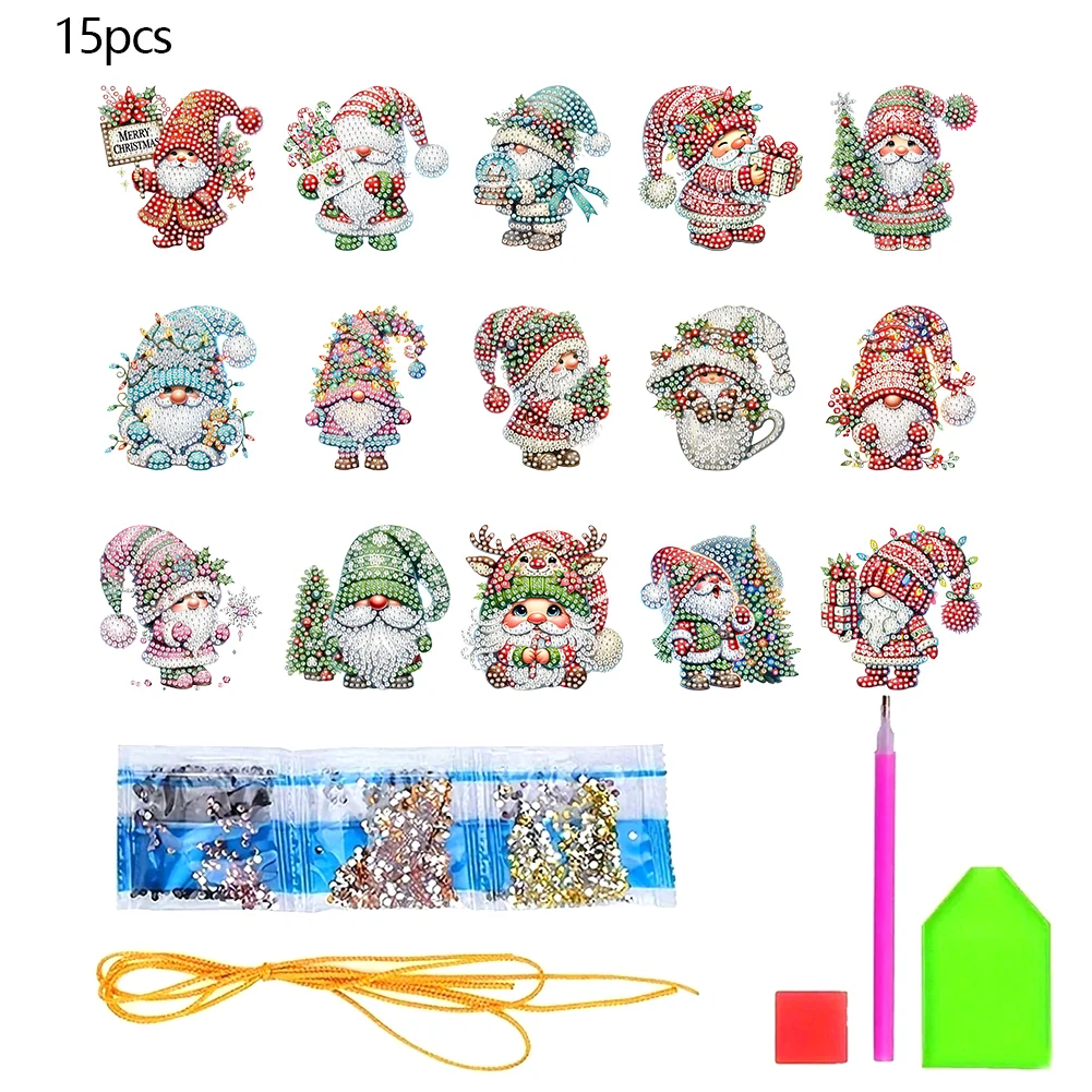 15pcs Xmas Gnome Theme 2D Flat DIY Hanging Diamond Art Kits Home Wall Decor