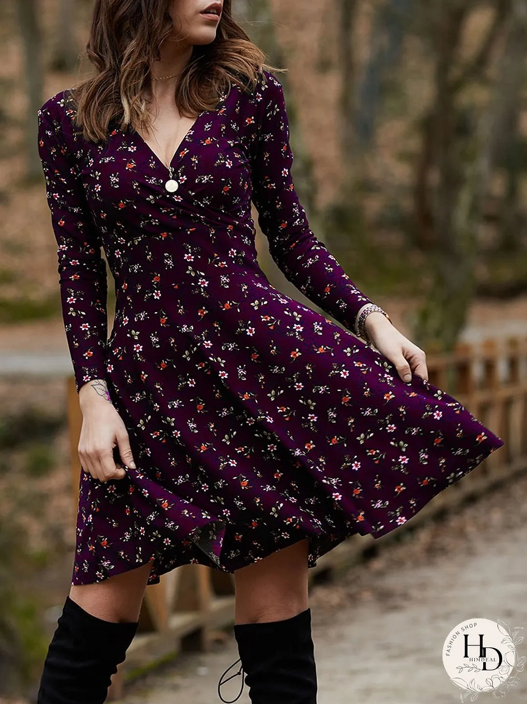 Dresses Floral Long Sleeve V-Neck Mini Dress for Women