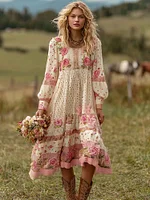 Women's Vintage Pink Rose And Polka Dot Casual Linen Dress