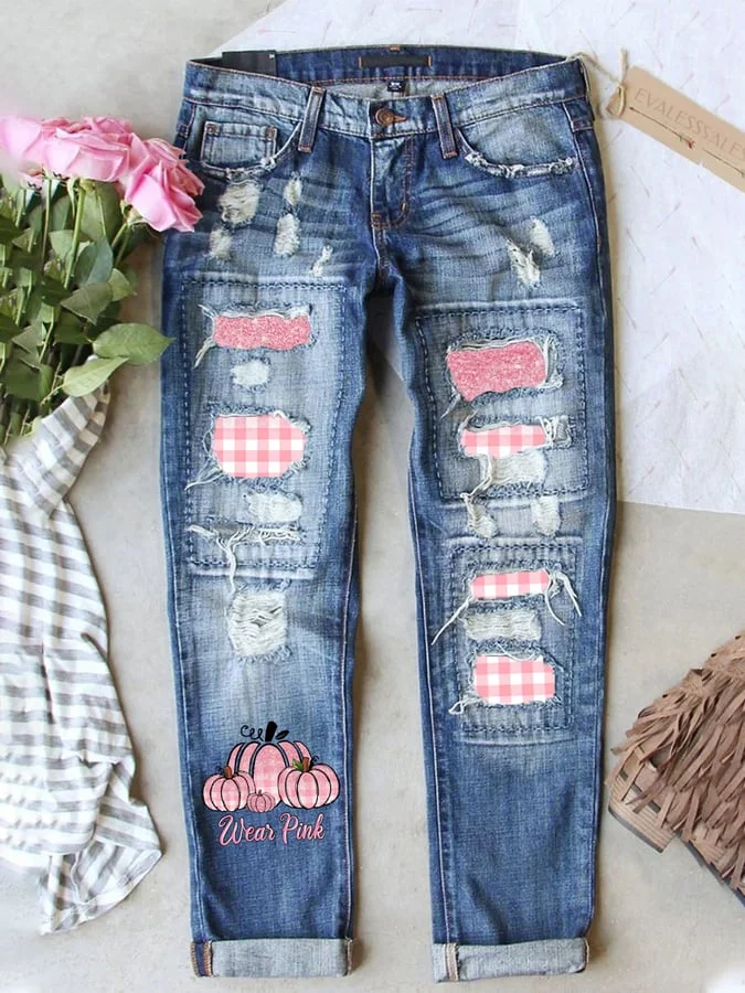 Women's Pumpkin Pink Plaid Shift Casual Ripped Jeans
