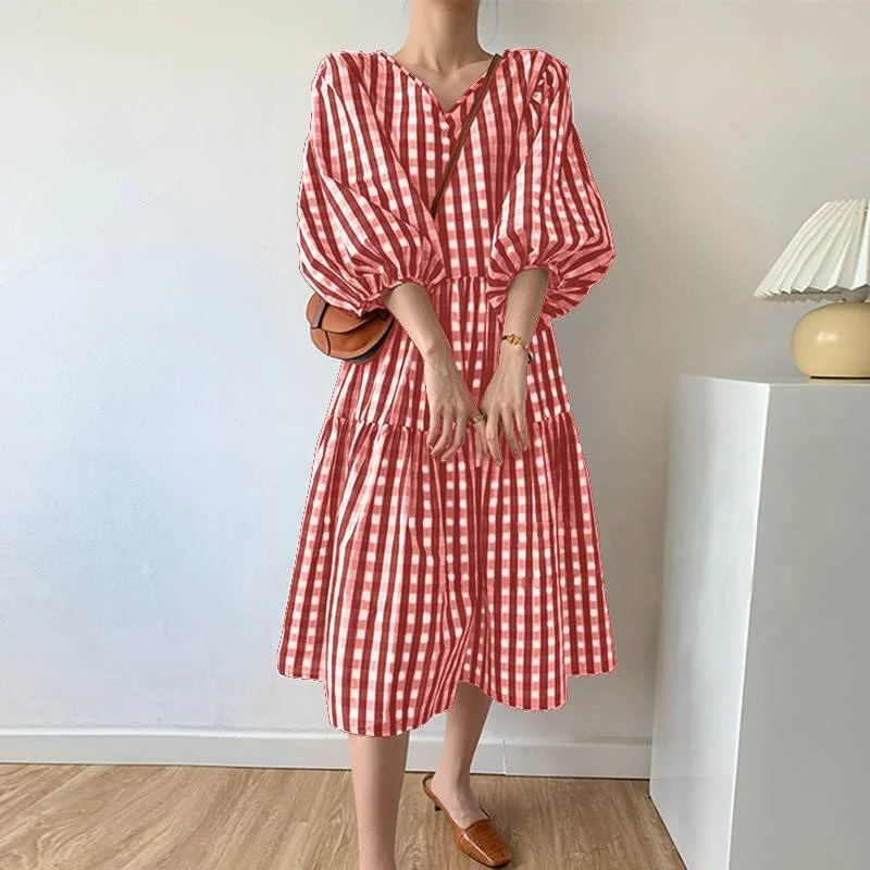 Women Summer Elegant V Neck Puff Sleeve Sundress ZANZEA Fashion Plaid Checked Midi Dress 2022 Casual OL Work Vestido Robe Femme