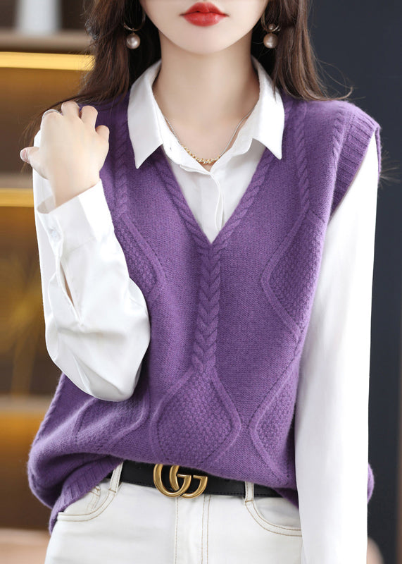 VCSHOES Purple V Neck Patchwork Knit Woolen Vest Sleeveless