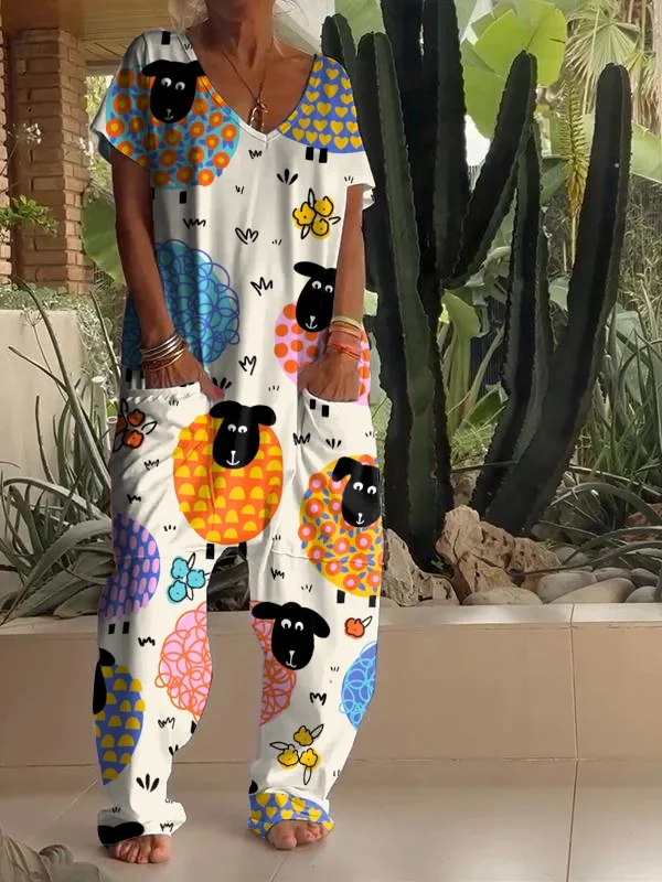 Casual Farm Meadow Lamb Print V Neck Jumpsuit