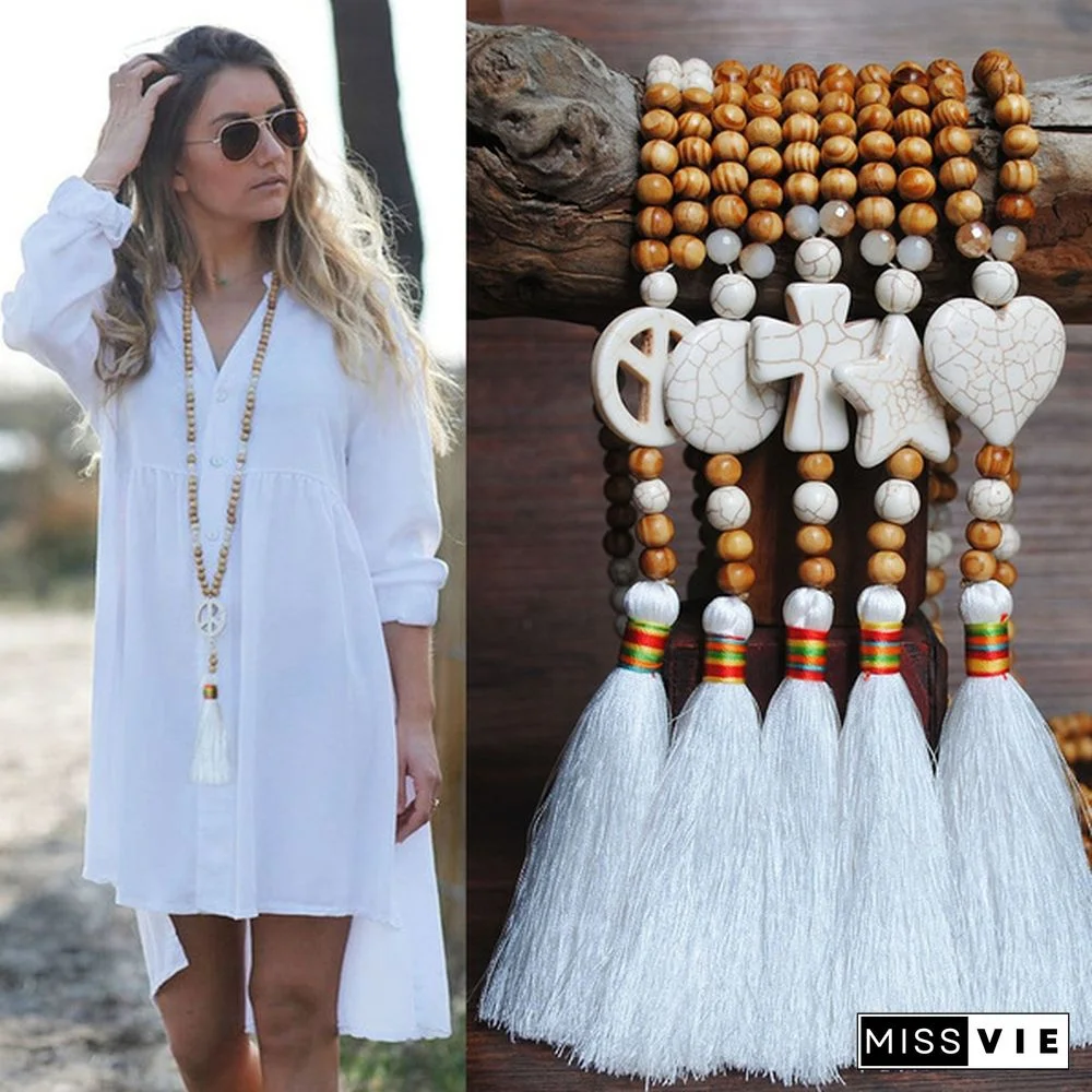 Bohemian Women Handmade Long Sweater chain Jewelry Necklace White Star Love Heart Cross Peace Round Stone Tassels Pendant Wooden Bead Necklace