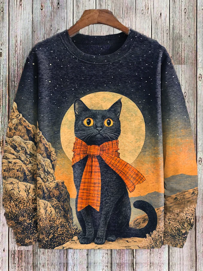 Men's Bow Tie Scarf Black Cat Nature Landscape Oil Painting Casual Sweatshirt