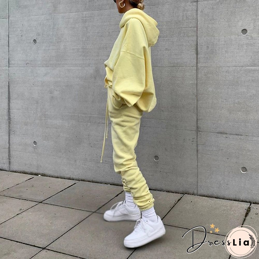 Casual Shoulder Sleeve Pure Color Loose Drawstring Hooded Suit