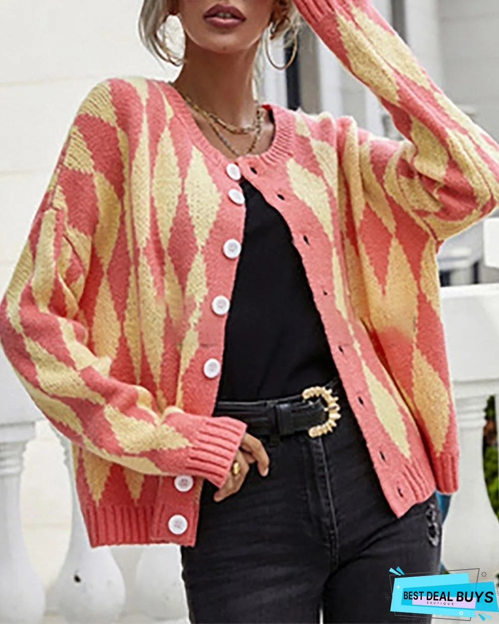 Argyle Print Color Block Buttoned Long Sleeve Cardigan
