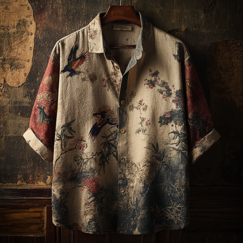 Japanese Art Style Retro Cotton And Linen Men's Large Size Short Sleeve Shirt With Floral And Animal Elements  artssus