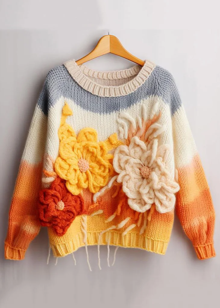 Beautiful Yellow Floral Patchwork Cozy Cotton Knit Top Long Sleeve