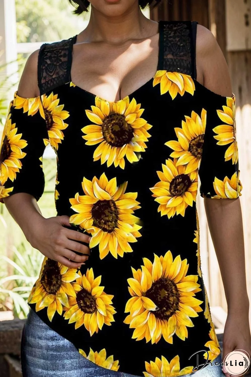 sunflower print off shoulder hollow wide shoulder strap t shirt