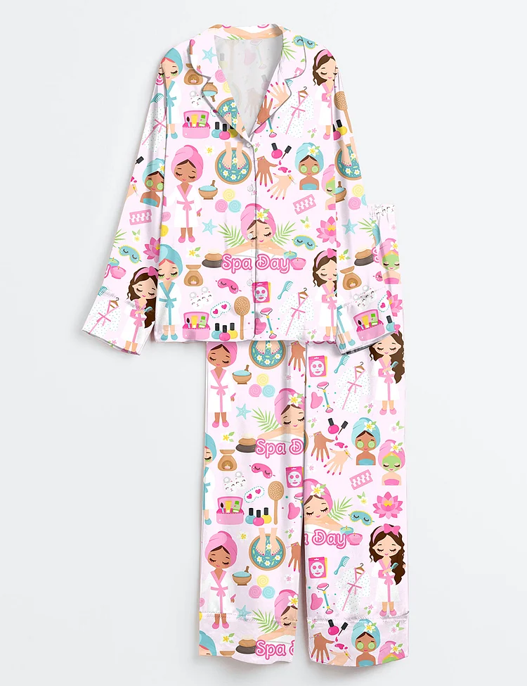 Women&rsquo;s Spa Day Cute Spa Girl Self Care Spa Birthday Manicure Pedicure Mani Pedi Print Long Sleeve Satin Pajama Set