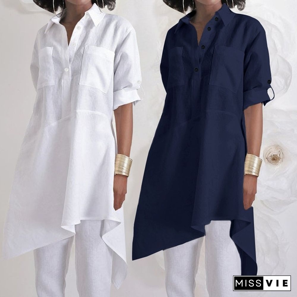 Womens Autumn Casual Long Shirt Irregular Hem Sleeve Turn Down Collar Loose Blouse Plus