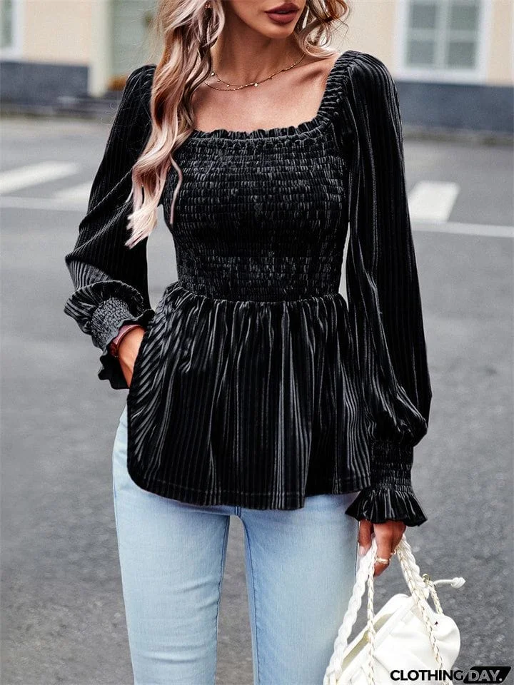 Ladies Puff Long Sleeve Square-neck Velvet Shirt