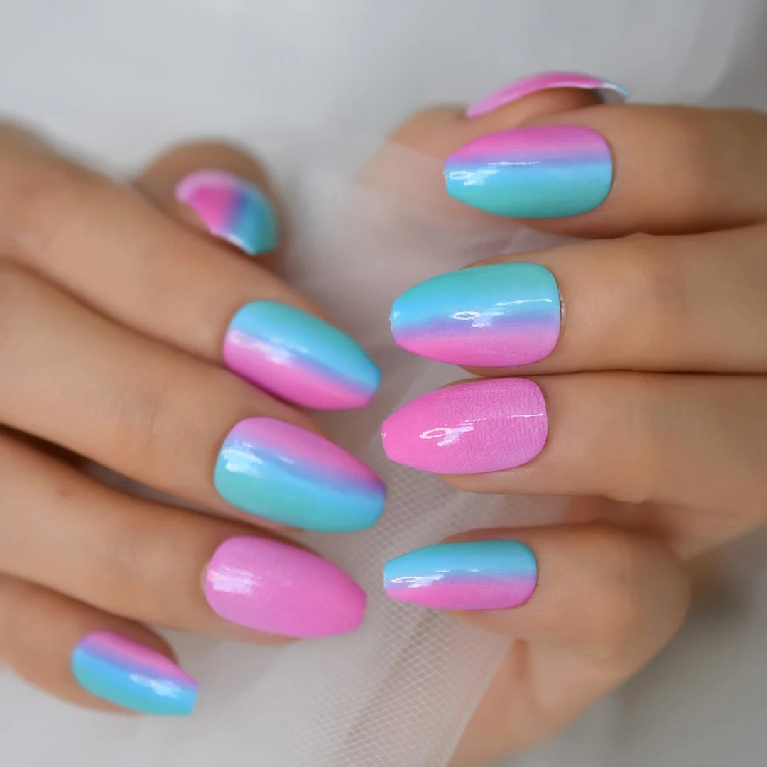 24pcs Rainbow Candy Pigment Detachable Short Ballerina False Nails With Design Coffin Fake Nails Press On Nail Tips