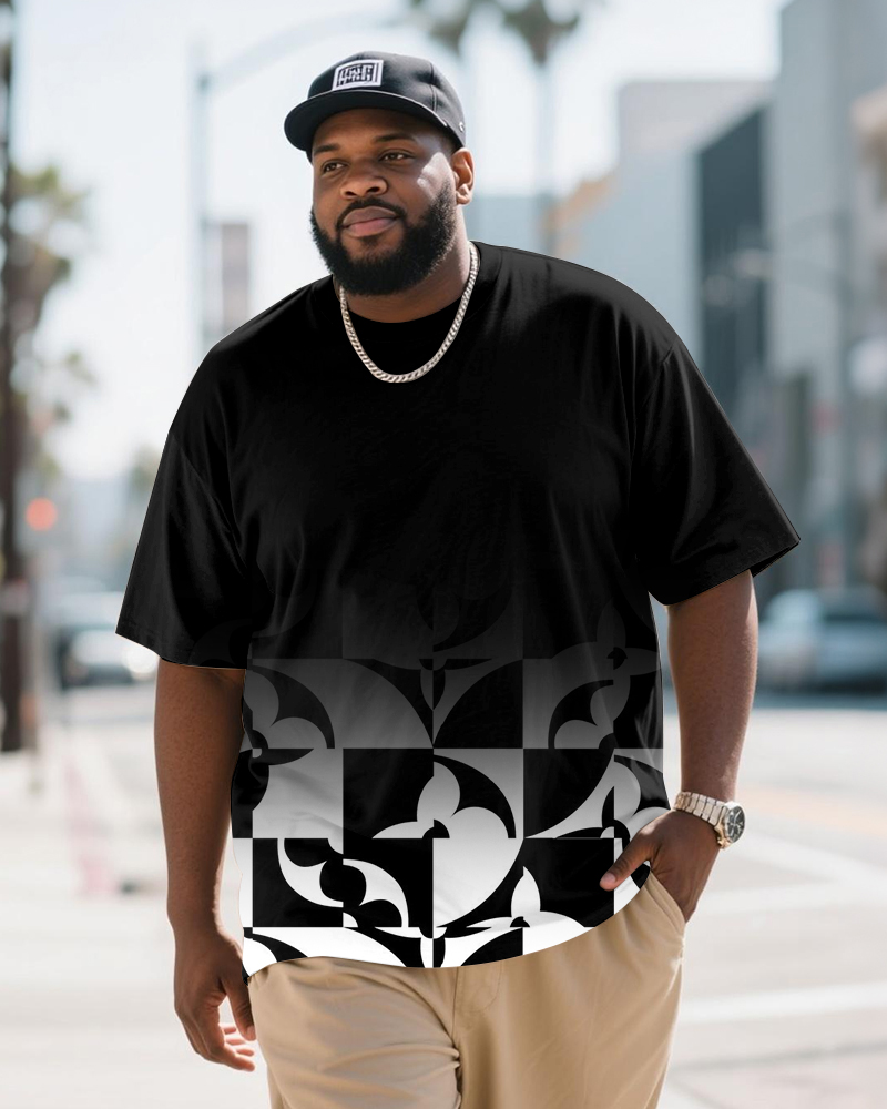 Big & Tall Men's Daily Casual Black Gradient Geometric Diamond Print Crewneck Short-sleeved T-shirt
