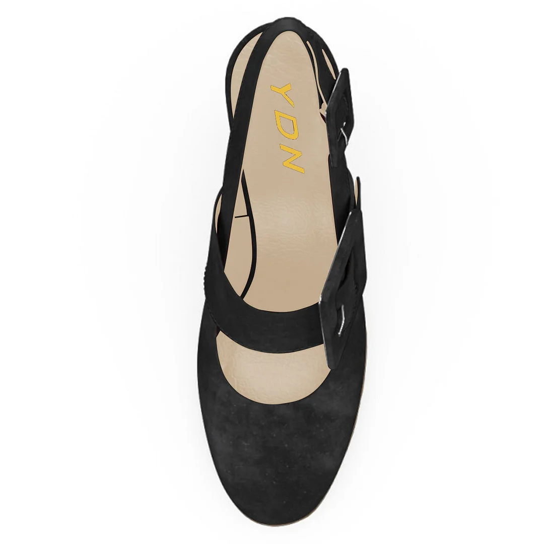 Classic Vegan Suede Buckle Round Toe Slingback Pumps Heels in Black