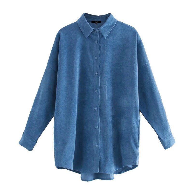 TRAF Women Fashion Oversized Corduroy Blouses Vintage Long Sleeve Button-up Female Shirts Blusas Chic Tops