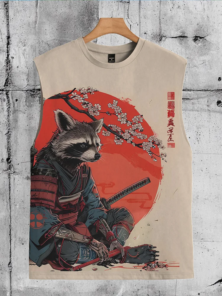 Men's Japanese Samurai Raccoon Floral Art Print Tank Top