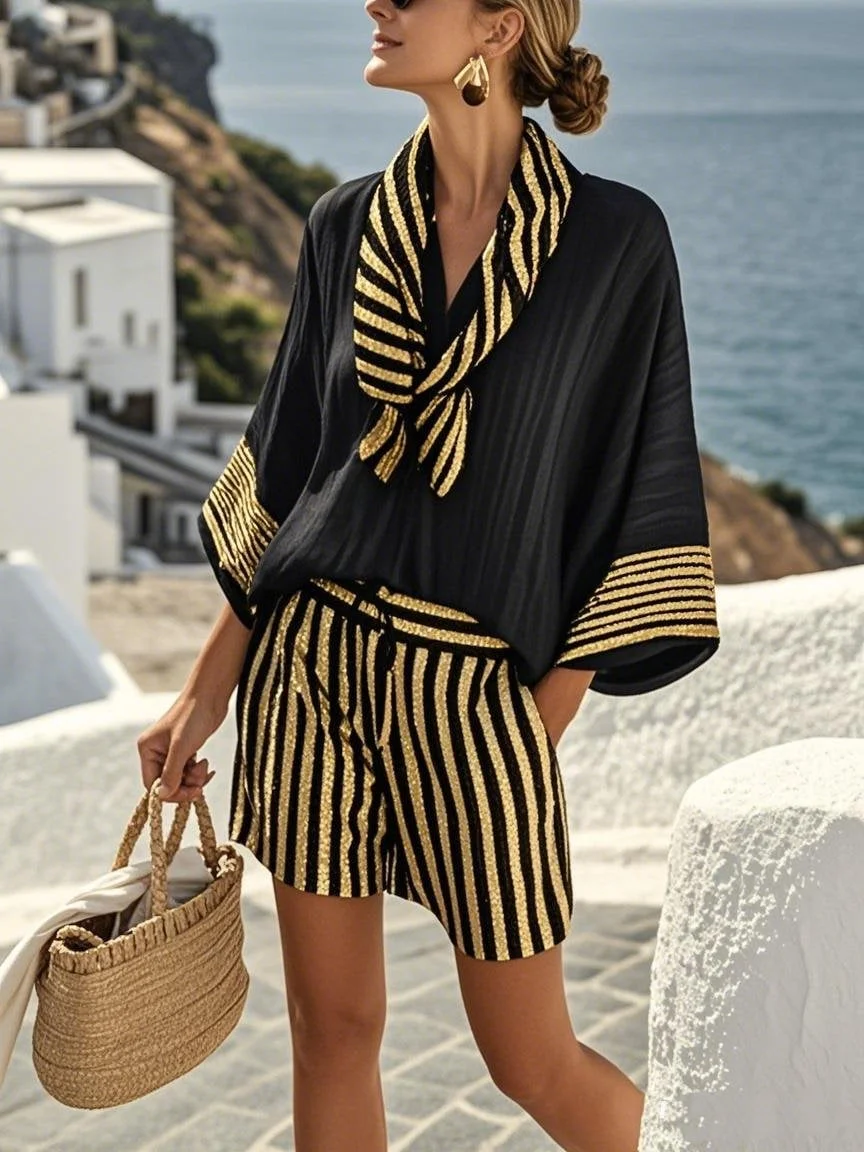 Women'S Casual Cotton And Linen Holiday Striped Print Loose Top Shorts Scarf Set 