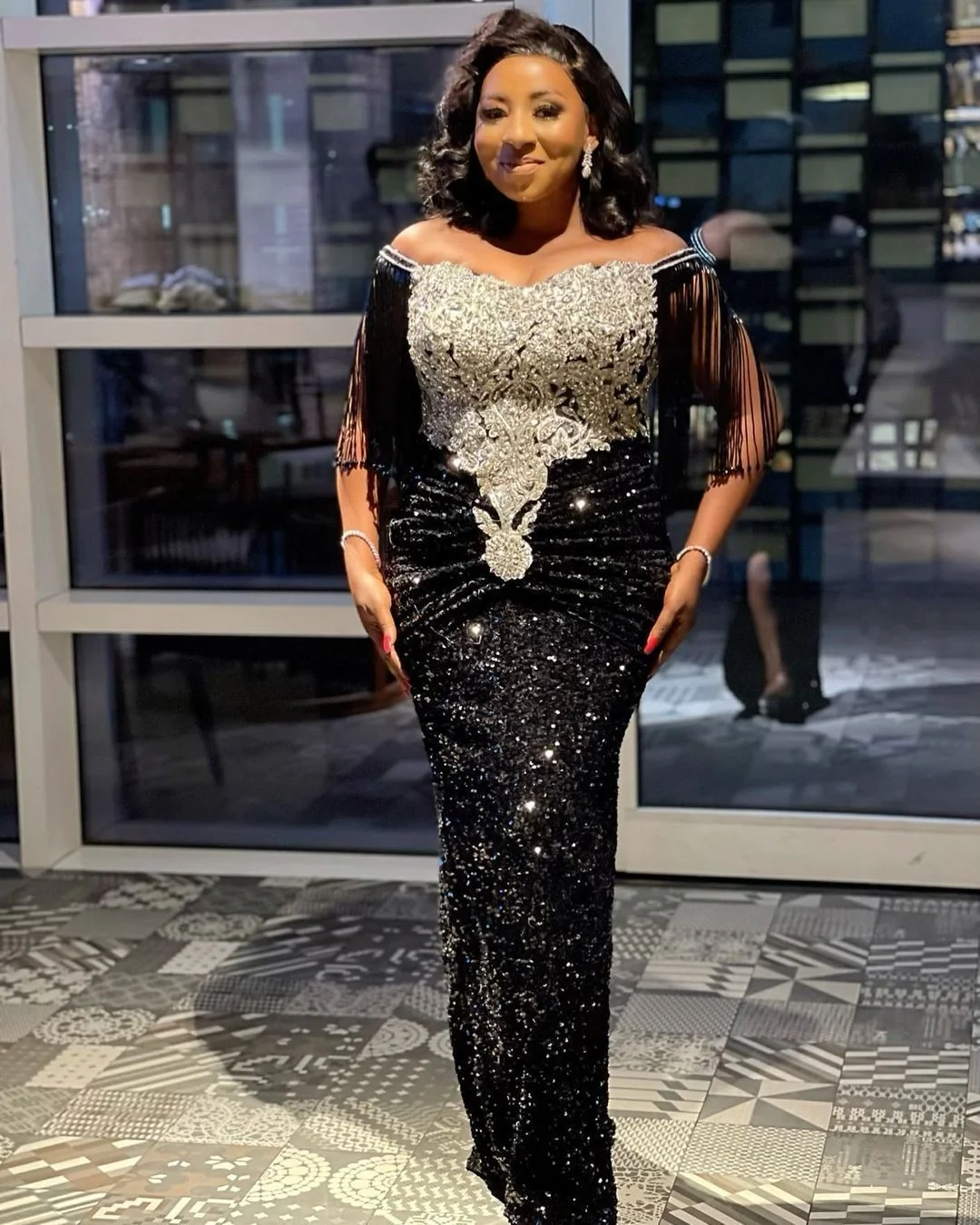 Neosepa-Off Shoulder Flower Embroidery Tassel Sleeve Black Sequins Fishtail Dress