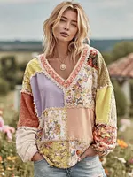 Women's Vintage Floral Patchwork Art Cozy Warm Sweatshirt - Image 4