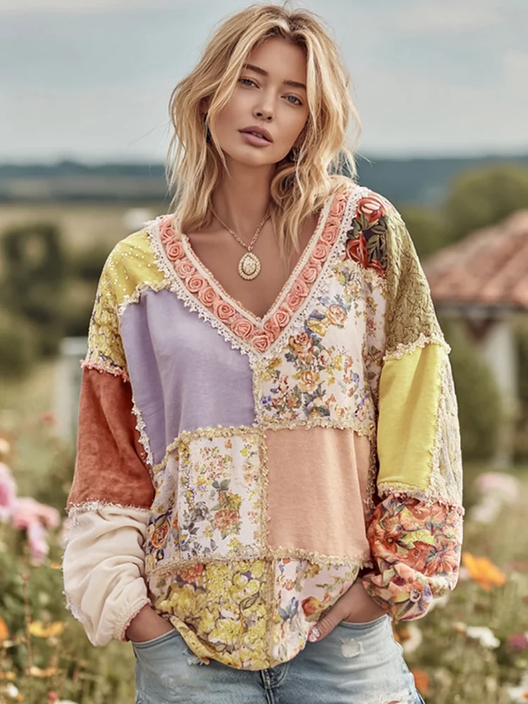 Women's Vintage Floral Patchwork Art Cozy Warm Sweatshirt