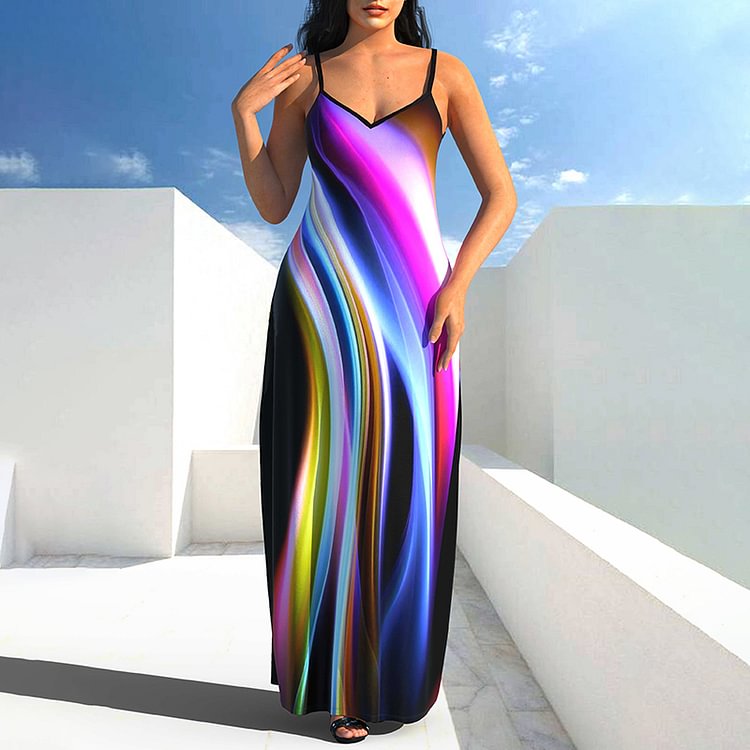Vefave Contrast Stripe Geometric Print Maxi Dress