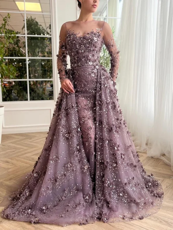 Round Neck Mesh Solid Color Three-Dimensional Flowers Maxi Dress