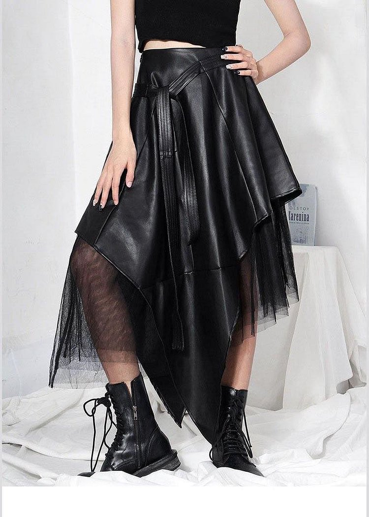 Comfy Black Patchwork Tulle Asymmetrical design PU Skirts