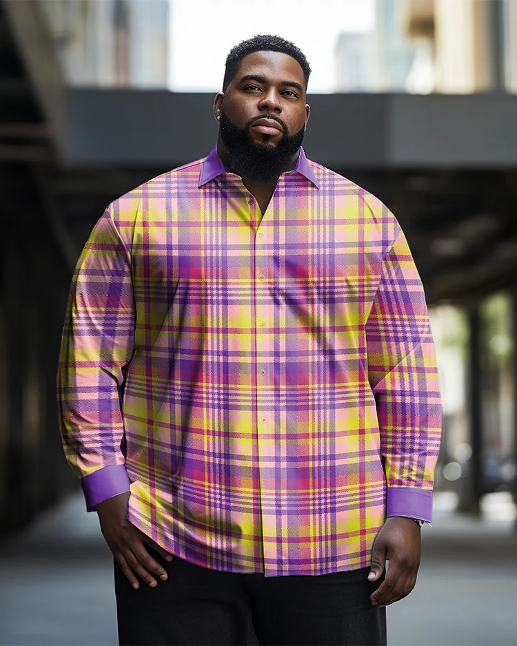 Men's Plus Size Purple and Yellow Plaid Long Sleeve Lapel Long Sleeve Shirts