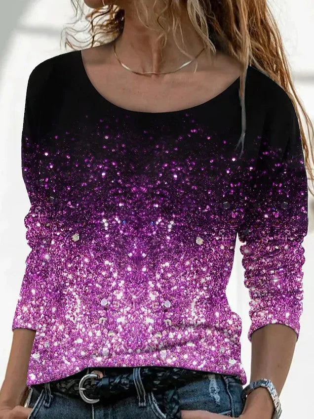 Uveng Long Digital Printing Sleeve Loose Neck Casual Pullover Print T-shirt