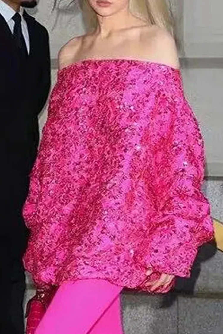 Off Shoulder Jacquard Sequin Two Pieces Dress Set-Pink
