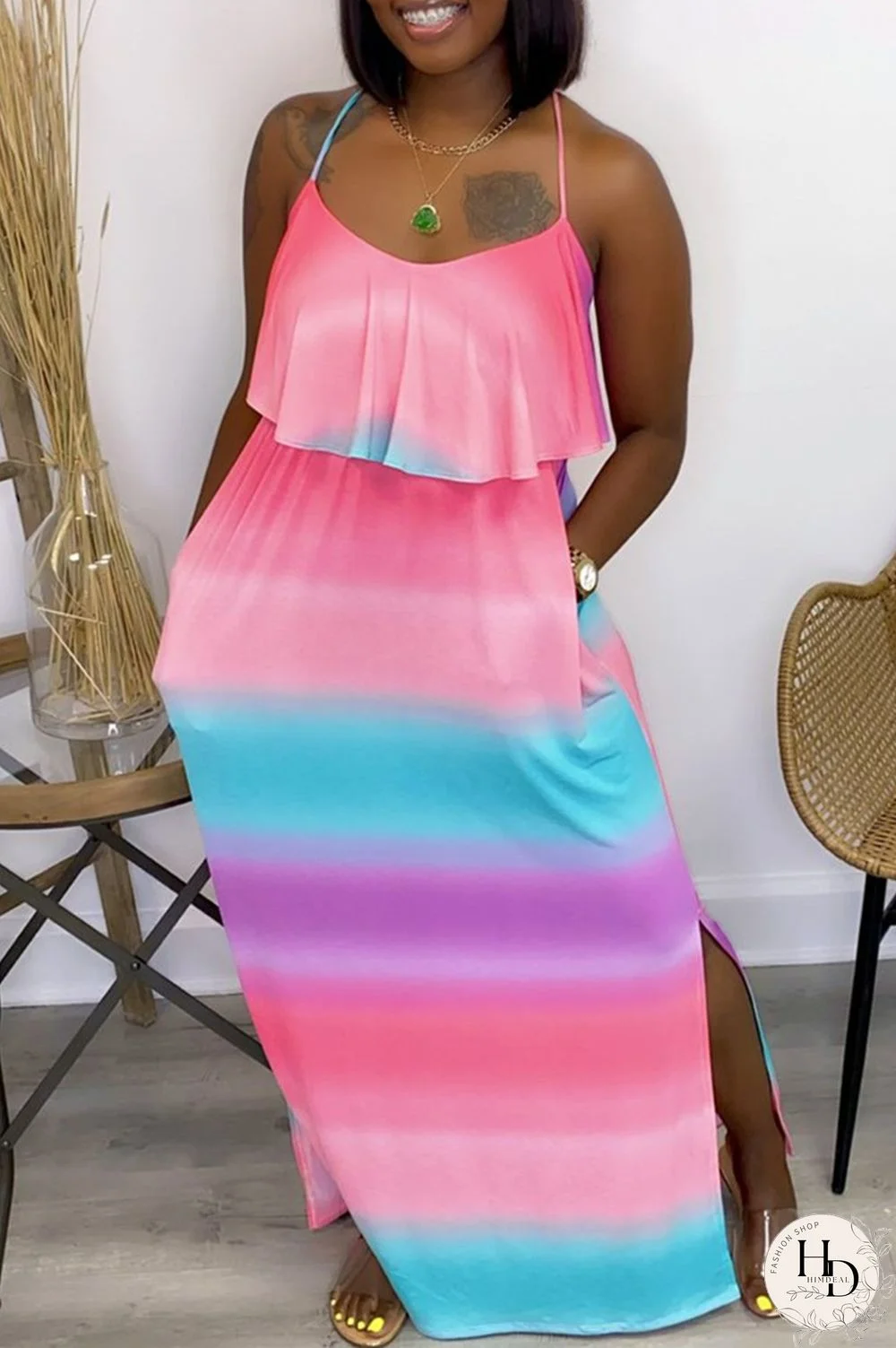 Pink Fashion Sexy Print Backless Slit Spaghetti Strap Sleeveless Dress