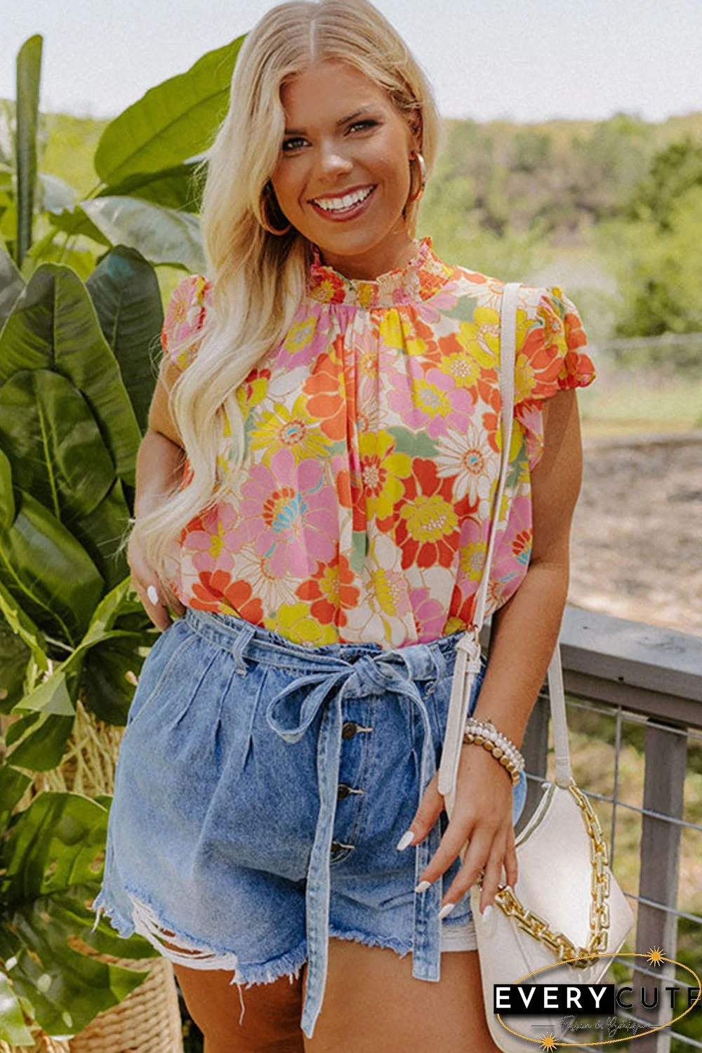 Multicolor Plus Size Mock Neck Ruffle Sleeve Floral Blouse