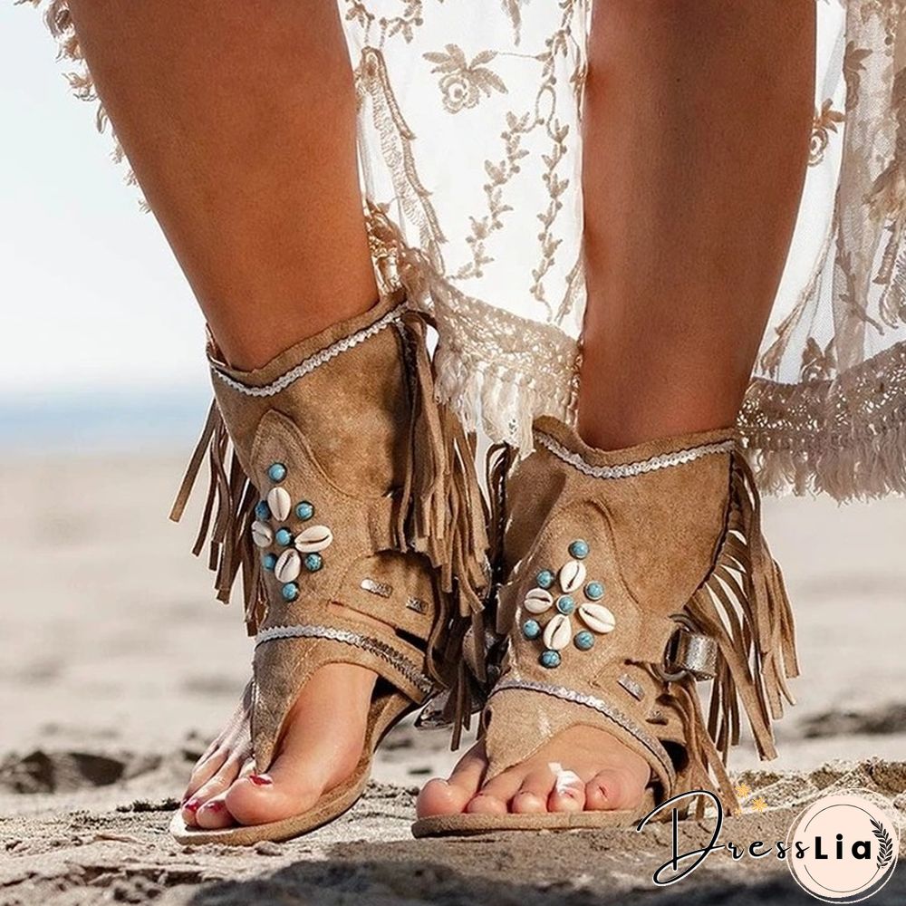 Retro Women Fringe Flower Wedges Shoes Solid Flock Beach Casual Sandals Women Summer Flip Flop Sandals