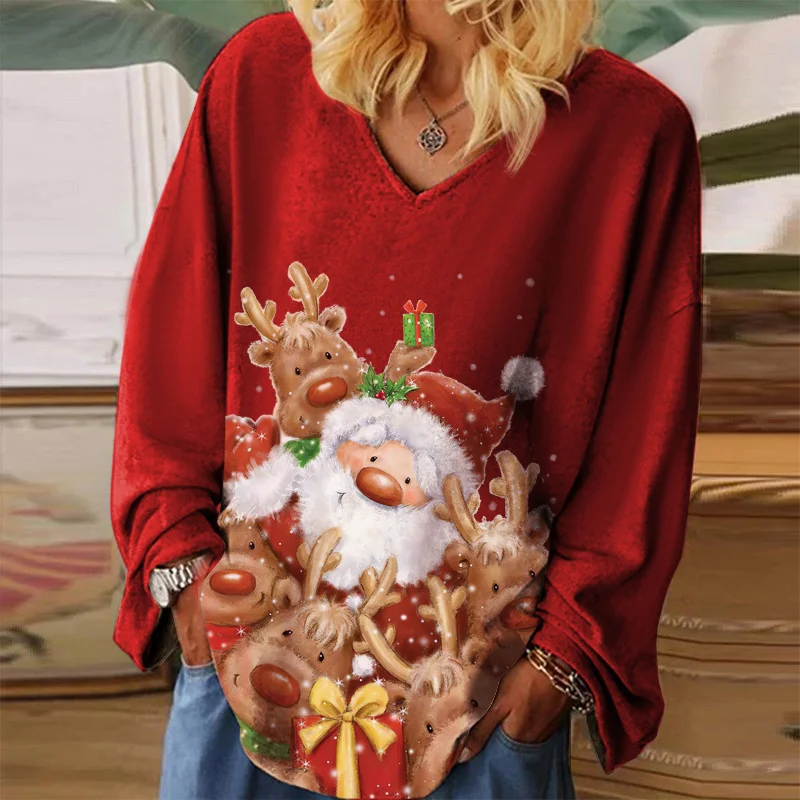 Santa Claus And Cute Elk Printed Casual T-shirt