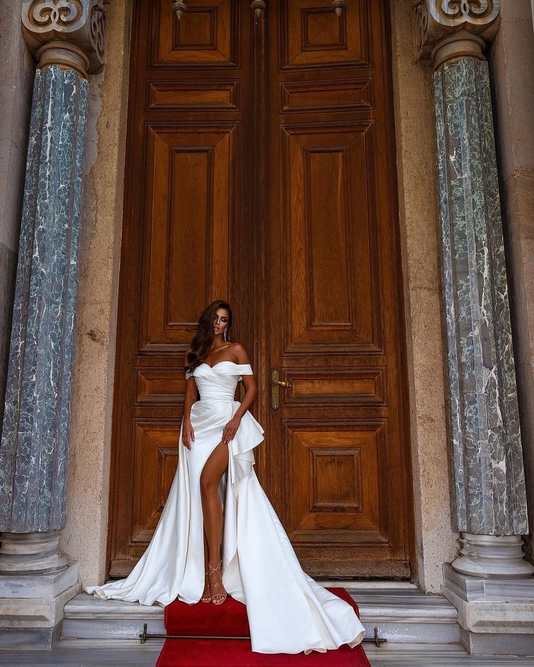 Unique Soft Satin Side Slit Asymmetrical Neckline Mermaid Long Wedding Guest Dresses