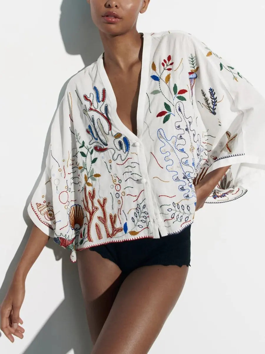 V Neck 3/4 Sleeves Embroidery Blouses