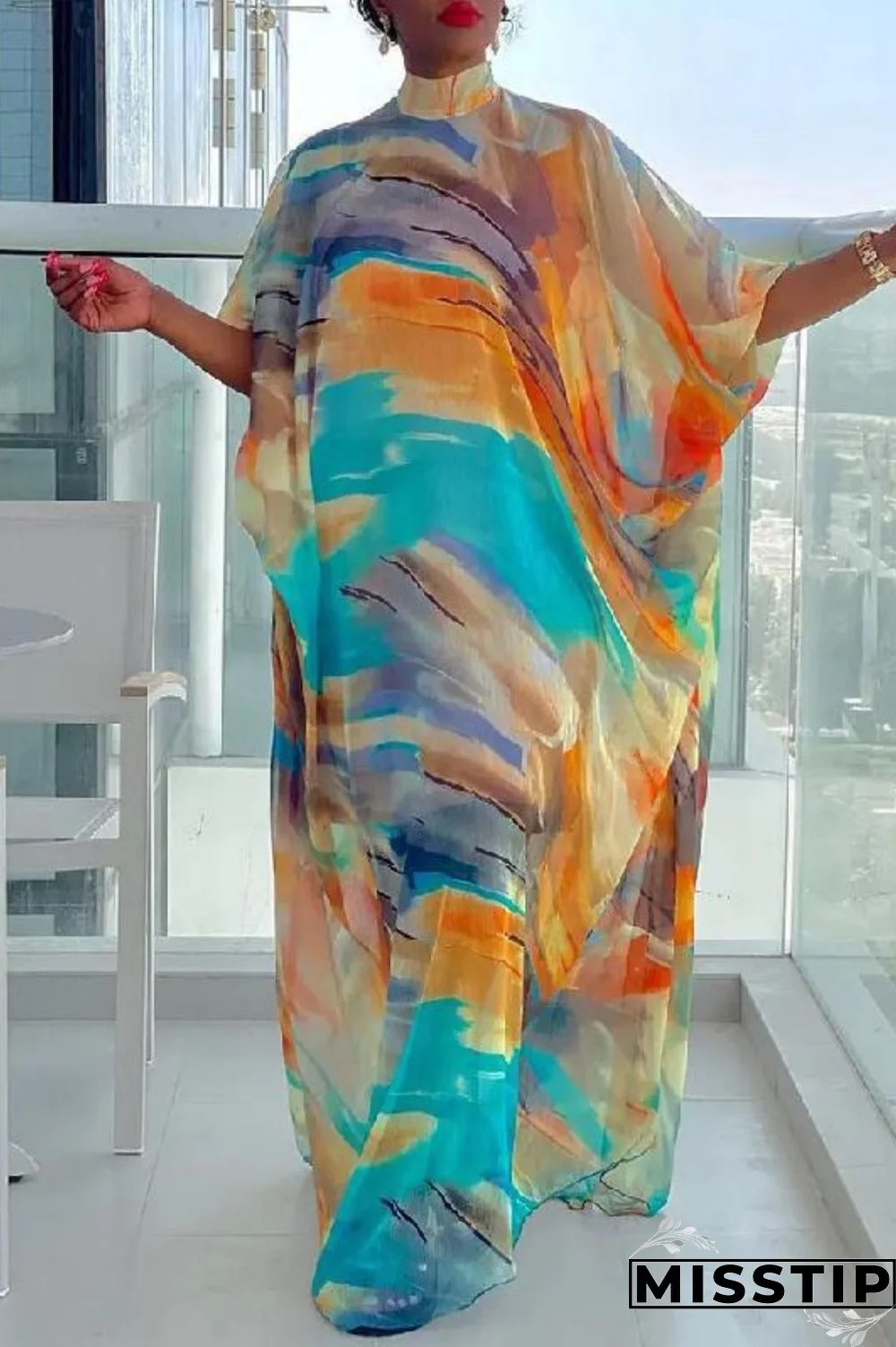 Multicolor Casual Print Patchwork Turtleneck Long Dress Dresses