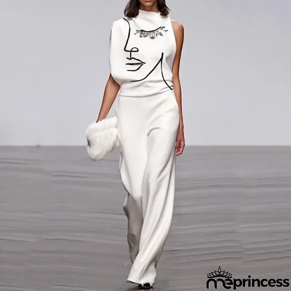 Women's Jumpsuit Print Crew Neck Elegant Daily Vacation Straight Regular Fit Sleeveless White S M L Summer