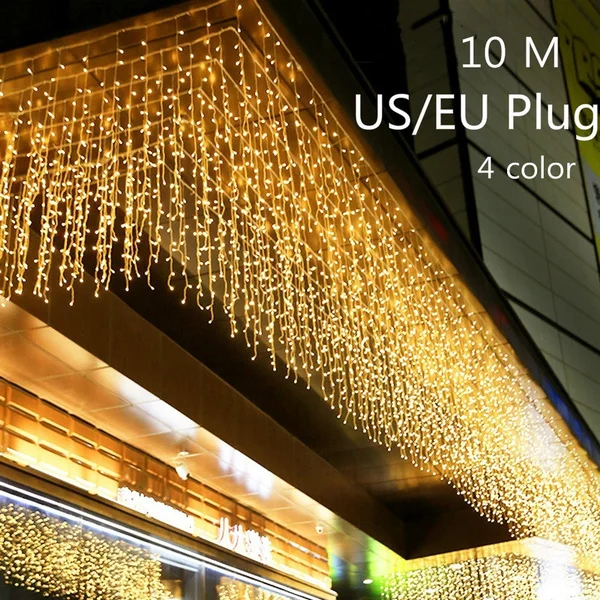 New Droop Curtain Icicle String Light 100LED 10M Christmas/Wedding/Party Decoration Lights Garland AC 110V 220V Outdoor Waterproof Led Lamp 4 Colors